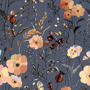 Suluboya, yabani çiçekler, çiçek açan çayırlar, pastel gri arka planda böğürtlen. El çizimi bitkisel doku, parmak izi. Vektör illüstrasyonu