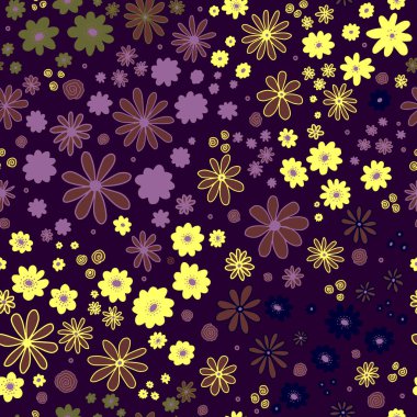 Mor, pürüzsüz desenli çiçek tarlası. Tekrarlayan yoğun özgürlük çayırlık arka plan karalama. İskandinav tarzı sanat çiçekleri. Vektör, illüstrasyon, doku, baskı