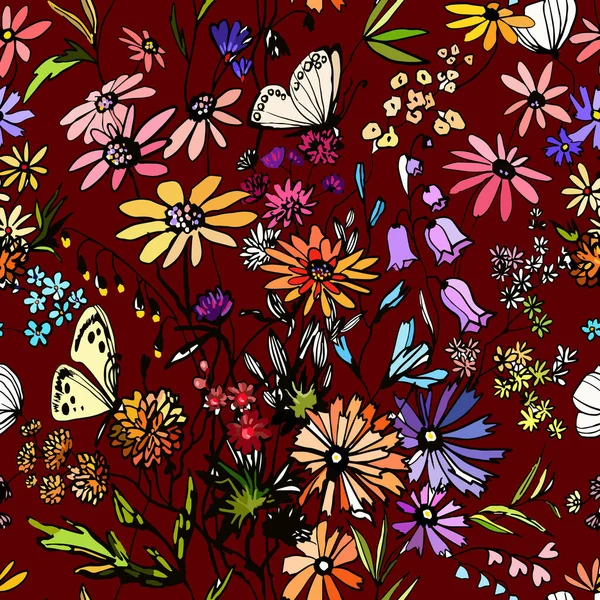 Elegant Blommönster Med Små Handritade Blommor Och Fjärilar Frihetsstilen Blommig — Stock vektor