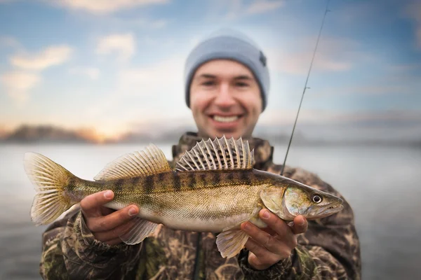 Angler mit Zander — Stockfoto