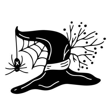 Ağaç dalları ve örümceklerle süslenmiş cadı şapkası vektör el çizimi, siyah renk. Cadılar Bayramı tasarımı için harika