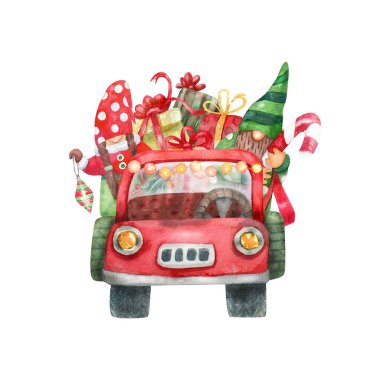 Noel arabası ve hediye kutuları olan komik cüceler. Suluboya el resmi beyaza izole edilmiş. Kırmızı ve yeşil renkler. Xmas kartları için harika.   