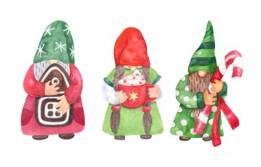 Şekerli cüceler. Zencefilli kurabiye evi, baston şeker ve bir fincan kapuçino. Suluboya el resmi beyaza izole edilmiş. Kırmızı ve yeşil renkler. Noel kartları için harika.. 