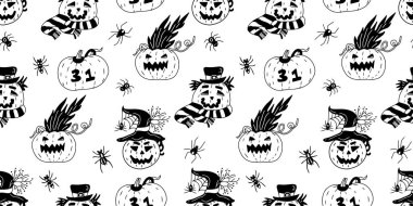 Beyaz arka planda Jack o fenerlerin ve örümceklerin olduğu kusursuz desen. Cadılar Bayramı vektör el çizimi. Siyah renk 