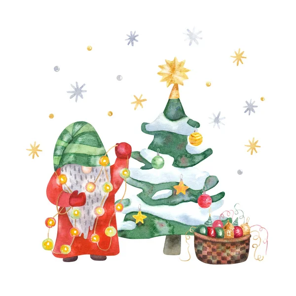 Gnome Decorating Christmas Tree Garland Hand Painted Watercolor Illustration Great — Stock Photo, Image