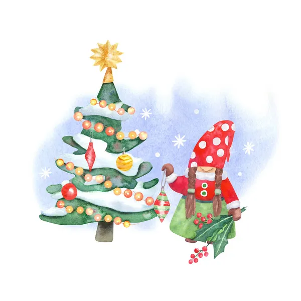 Linda Chica Gnome Decorando Árbol Navidad Ilustración Acuarela Pintada Mano — Foto de Stock