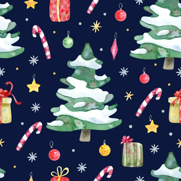 ネイビーブルーの背景にクリスマスツリーや装飾が施されたシームレスなパターン 手描き水彩イラスト 包装紙 グリーティングカードのための素晴らしい — ストック写真