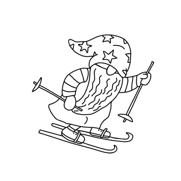 Bermain Ski Gnome Ilustrasi Vektor Gambar Tangan Doodle Diisolasi Dengan - Stok Vektor