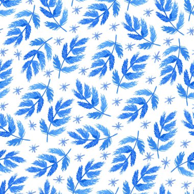 Beyaz arka planda köknar dalları ve kar taneleri olan kusursuz bir desen. Suluboya elle çizilmiş resim. Kış tasarımı.