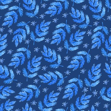 Köknar dalları ve lacivert arka planda kar taneleri olan kusursuz bir desen. Suluboya elle çizilmiş resim. Kış tasarımı.