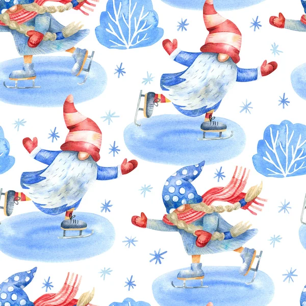 Seamless Pattern Gnomes Skating Ice Ring Snow Bushes Snowflakes White — Stock Photo, Image