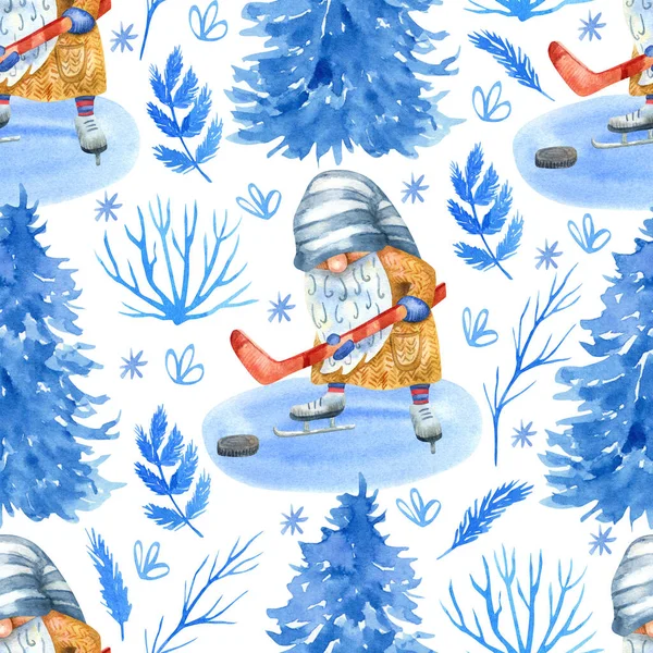 Seamless Pattern Gnome Playing Hockey Ice Ring Firs Tree Branches — Stock Photo, Image