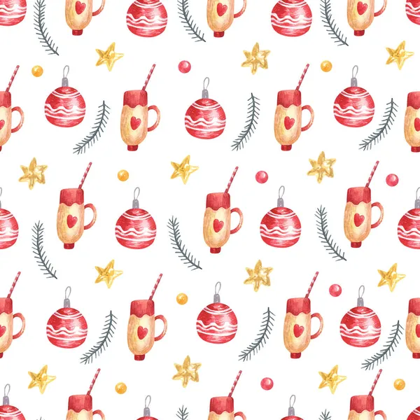 白い背景に心で飾られたクリスマスの泡 星やマグカップでシームレスなパターン 手描き水彩イラスト 包装紙 グリーティングカードのための素晴らしい — ストック写真