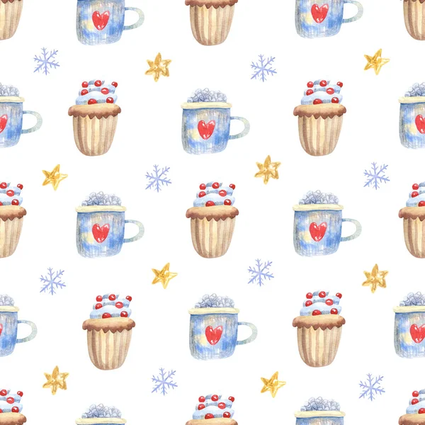 Patrón Sin Costuras Invierno Con Tazas Café Con Malvavisco Cupcakes —  Fotos de Stock