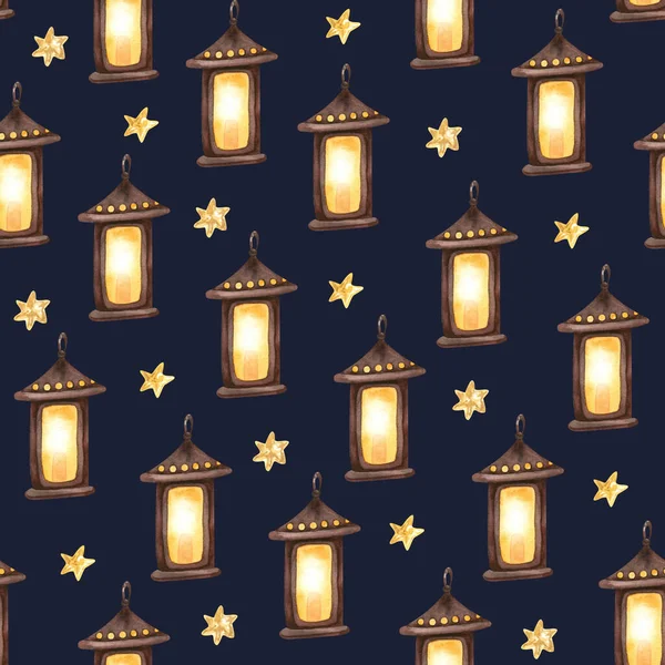 Vánoční Bezešvé Vzor Hořící Svíčky Lucerny Zlaté Hvězdy Tmavomodrém Pozadí — Stock fotografie