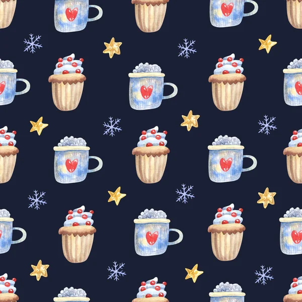 Zimní Bezešvé Vzor Hrnky Kávy Marshmallow Cupcakes Zdobené Bobulemi Tmě — Stock fotografie