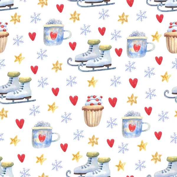 Winter Seamless Pattern Skates Coffee Mugs Marshmallow Cupcakes Decorated Berries — Stock Photo, Image