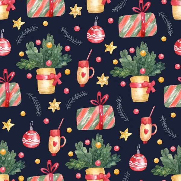 Seamless Pattern Christmas Decorations Dark Background Hand Painted Watercolor Illustration — Stock Photo, Image