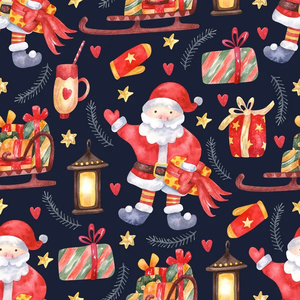 Seamless Pattern Christmas Decorations Santa Sleigh Presents Dark Navy Blue — Stock Photo, Image