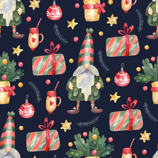 Seamless Pattern Funny Gnomes Christmas Decorations Dark Background Hand Painted — Stock Photo, Image