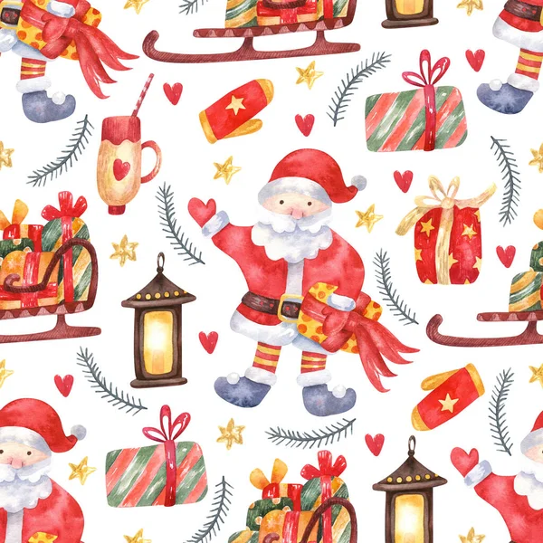 Seamless Pattern Christmas Decorations Santa Sleigh Presents White Background Hand — Stock Photo, Image