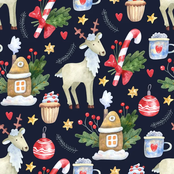 Seamless Pattern Cute Reindeer Christmas Decorations Sweets Dark Navy Background — Stock Photo, Image