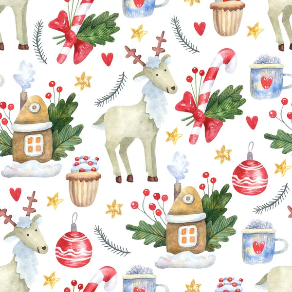 Seamless Pattern Cute Reindeer Christmas Decorations Sweets White Background Hand — Stock Photo, Image