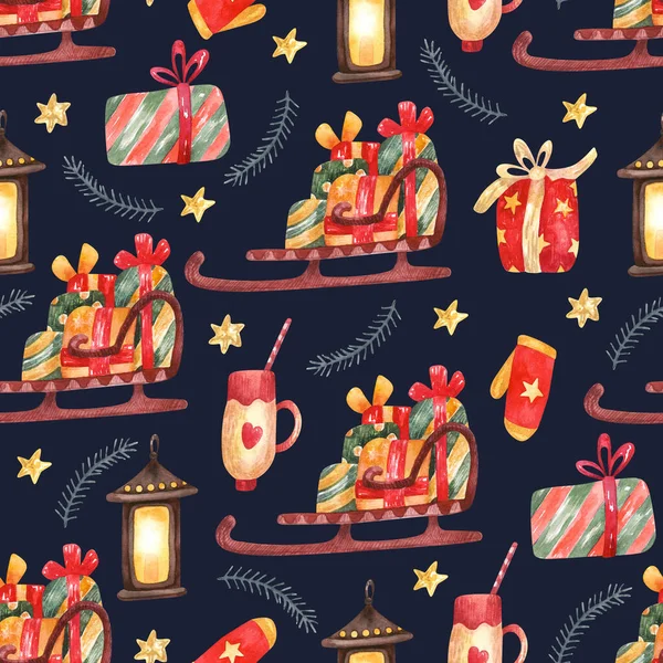 Seamless Pattern Christmas Decorations Santa Sleigh Presents Dark Navy Blue — Stock Photo, Image