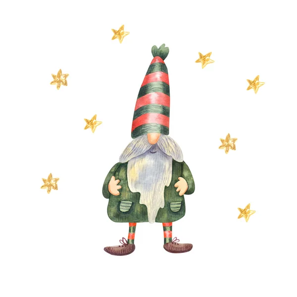 Carte Noël Avec Mignon Gnome Des Étoiles Dorées Chapeau Rayé — Photo