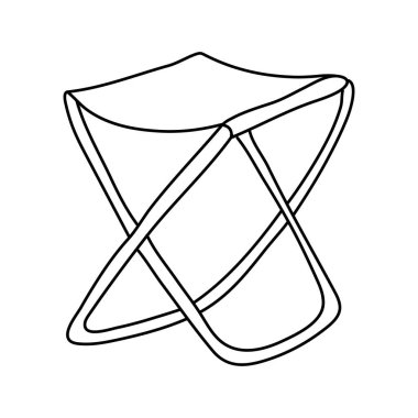 Katlanan kamp taburesi. Beyaz arkaplanda karalama şeklinde el çizimi vektör çizimi. İzole edilmiş siyah çizgiler. Kamp ve balıkçılık ekipmanları