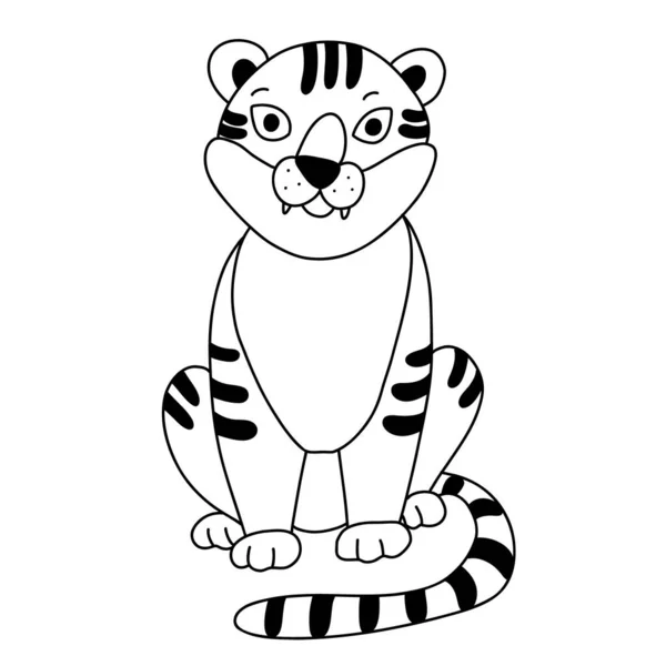 Sitting Tiger Doodle Hand Drawn Illustration Isolated White Background Children — Stock Vector