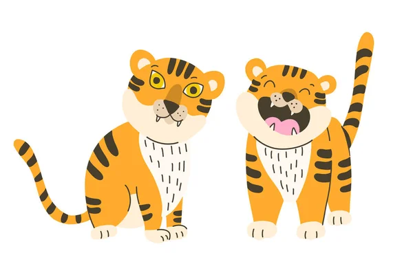Кумедний Росте Сидить Тигри Дитинчата Рука Намальована Плоска Ілюстрація Ізольована — стоковий вектор
