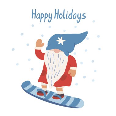 Snowboard cücelerinden mutlu bayram tebrik kartları. Kış eğlencesi, spor ve eğlence. Komik bir tip. El çizimi harfler ve düz çizimler. Kırmızı ve mavi renkler.
