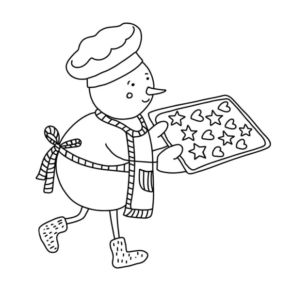 Piekarz Bałwan Tacą Pełną Ciasteczek Bazgroły Ręcznie Rysowane Ilustracji Izolowane — Wektor stockowy