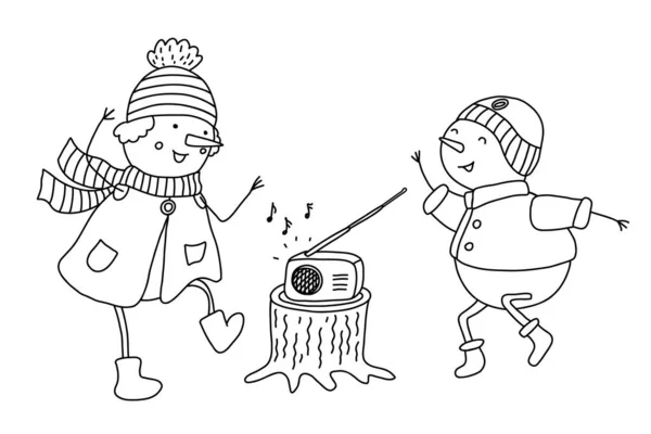 Tanzen Fröhliche Schneemänner Kinder Gekritzelte Handgezeichnete Illustration Isoliert Auf Weiß — Stockvektor