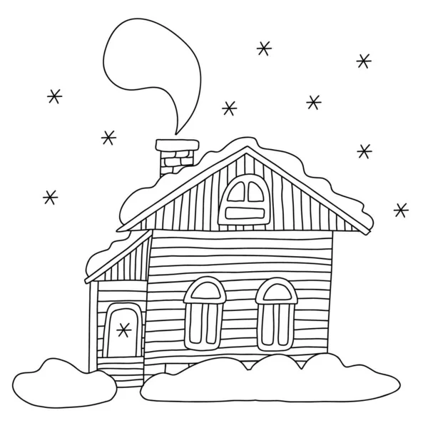 冬季木制村舍涂鸦手绘插图 孤立在白色上 黑色轮廓 伟大的新年和圣诞设计和彩色书籍 — 图库矢量图片