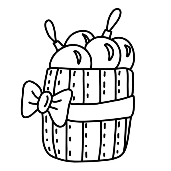 Basket Decorated Ribbon Bow Full Christmas Baubles Hand Drawn Doodle — Vettoriale Stock