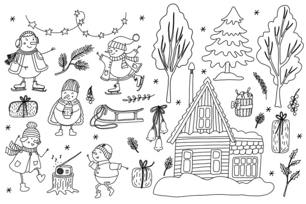 设置与有趣的雪人 房子和圣诞装饰 涂鸦手绘插图孤立在白色上 黑色轮廓 很适合给书着色 舒适的冬季设计 — 图库矢量图片