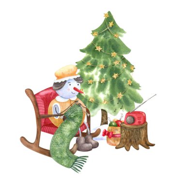 Kardan adam örgü örüyor ve Noel ağacının yanındaki sallanan sandalyede müzik dinliyor. Beyaza izole edilmiş elle boyanmış bir resim. Yılbaşı ve Noel tebrik kartları için harika. Kışın rahat tasarım