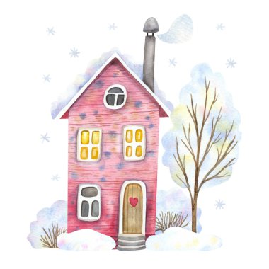 Etrafı kar yığınlarıyla çevrili sevimli pembe köy evi. Kış manzarası. Kar ağacı ve çalı. Elle boyanmış suluboya çizimi beyaza izole edilmiş. 
