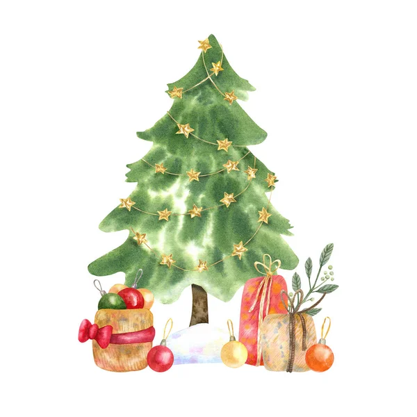 Árbol Navidad Decorado Con Guirnalda Estrellas Doradas Cajas Regalo Ilustración — Foto de Stock
