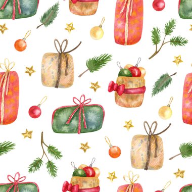 Seamless pattern with Christmas baubles, decorations and gift boxes on white background. Hand painted watercolor illustration. Great for fabrics, wrapping paper, greeting cards.	