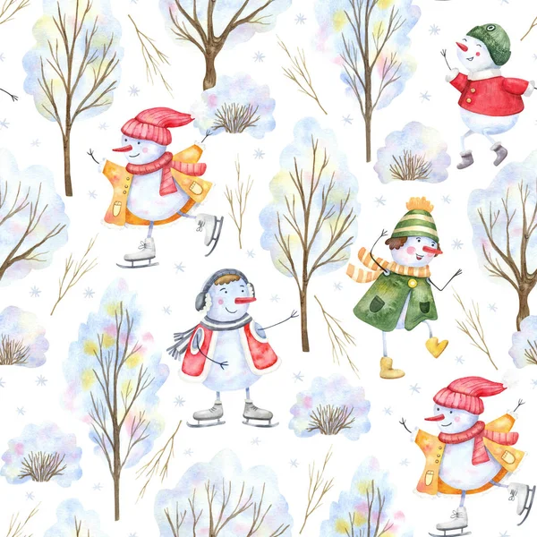 Seamless Pattern Cheerful Snowmen Playing Outdoor Snow Trees Branches Bushes — Stock Photo, Image