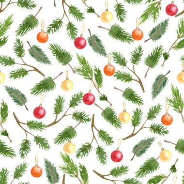 Parlayan Noel mücevherleri, süsler ve beyaz üzerine yeşil çam ağacı dalları olan dikişsiz suluboya deseni. Güzel Xmas ve Yeni Yıl tekstili. Kumaşlar ve ambalaj kağıtları için harika. 