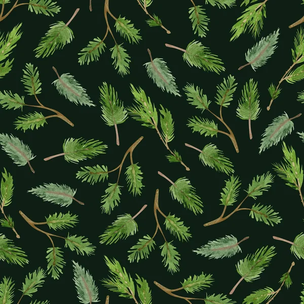 Υδατογραφία Αδιάλειπτη Μοτίβο Πράσινα Κλαδιά Πεύκου Σκούρο Πράσινο Φόντο Μεγάλη — Φωτογραφία Αρχείου