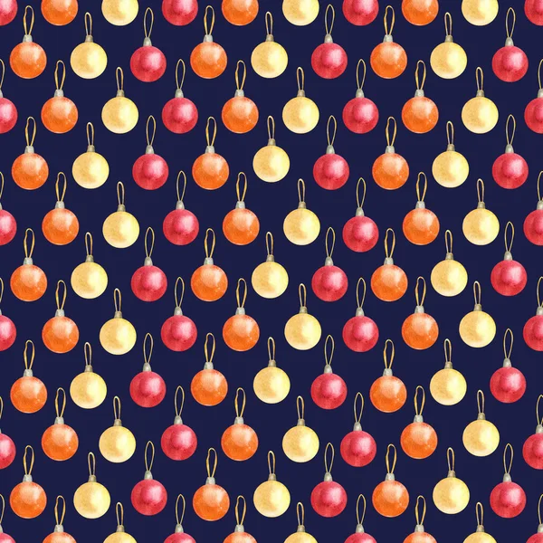 Akvarel Sømløse Mønster Med Skinnende Røde Gule Orange Jul Kugler - Stock-foto