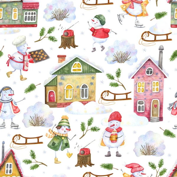 Seamless Pattern Cheerful Snowmen Playing Village Outdoor White Background Watercolor — Stock Photo, Image