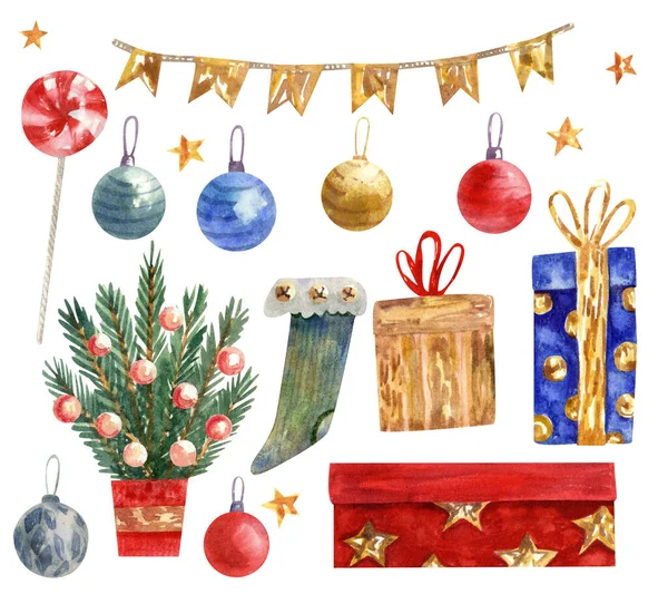 圣诞装饰品 装饰品 金色的星星 棒棒糖 冷杉枝条在锅里 水彩画手绘在白色的图画上 非常棒的圣诞卡 明亮的色彩 — 图库照片