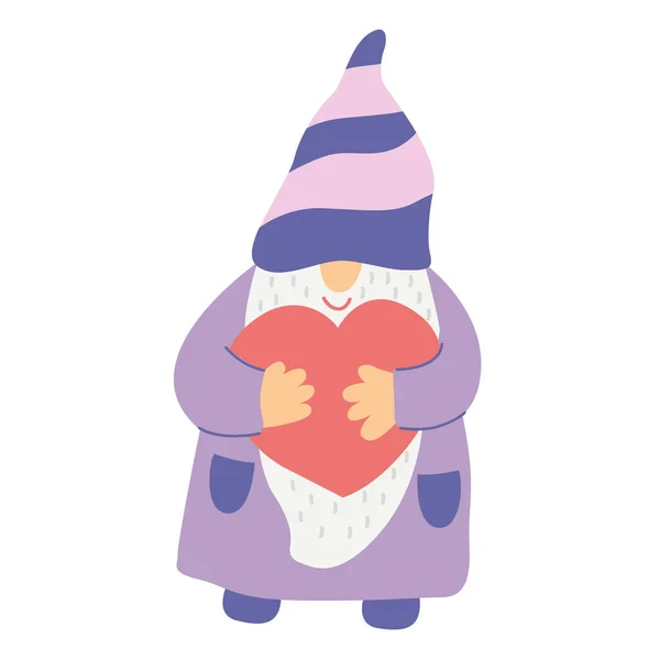 Smiling Cute Gnome Heart Funny Character Hand Drawn Flat Vector — 图库矢量图片