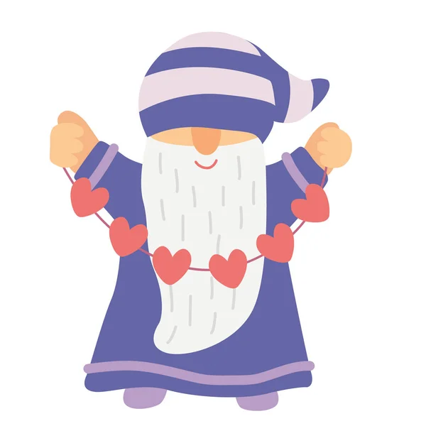 Gnome Hearts Garland Funny Character Hand Drawn Flat Vector Illustration — Wektor stockowy